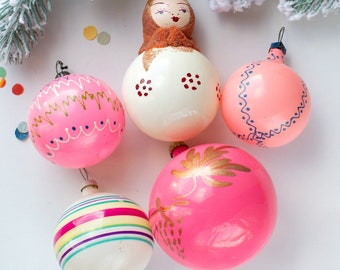 Vintage Handpainted Glass Christmas Balls, Soviet Xmas Tree Decor 50s-60s, New Year Nest Doll Ornaments