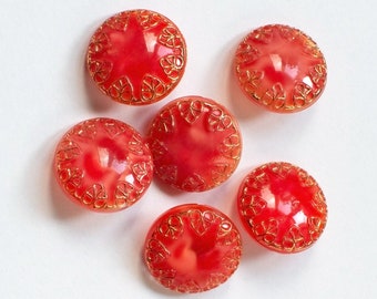 Set of 6 Vintage Golden Leaf Glass Buttons, Self Shank Red Moonglow Buttons 18 mm
