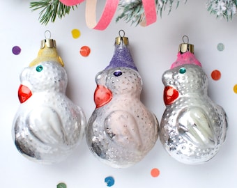 Vintage Big Chicken Glass Christmas Ornaments, Soviet USSR Xmas Tree Decoration 70s-80s USSR