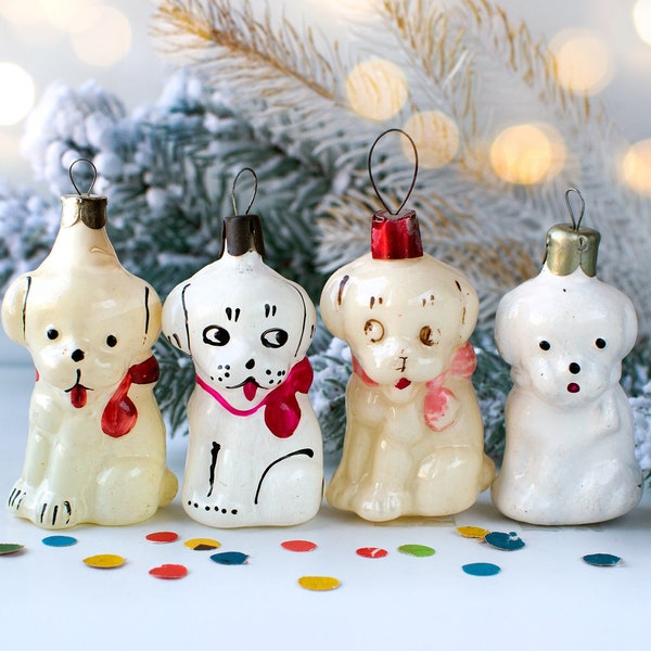 Vintage Puppy Dog Glass Christmas Ornament, Soviet Xmas Tree Decor 60s USSR, New Year Ornament