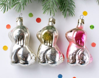 Vintage Glass Christmas Ornaments Puppy Dog, Soviet Xmas Tree Decor 70s, New Year Ornaments