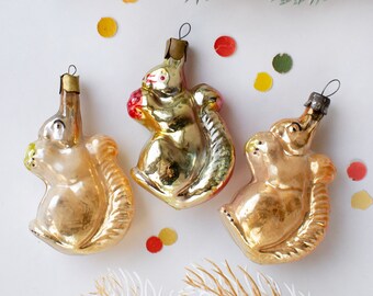 Vintage Glass Christmas Ornament Squirrel with Nut, Soviet Xmas Tree Decor 50s-60s, New Year Ornaments