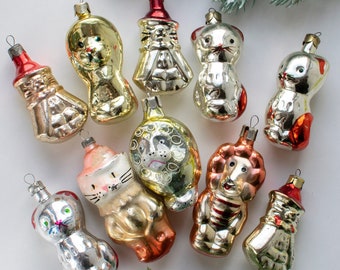 Vintage Glass Christmas Ornaments Cats Lions, Soviet Xmas Tree Decor 60s-80s, Kitty New Year Ornaments