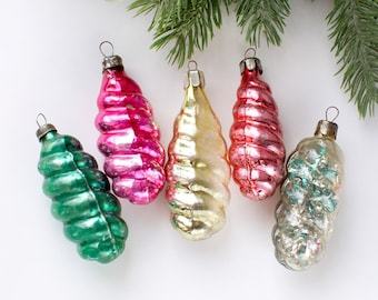 Set of 5 Vintage Twirl Glass Christmas Ornaments, Soviet Xmas Tree Decor 50s-60s, New Year Ornaments