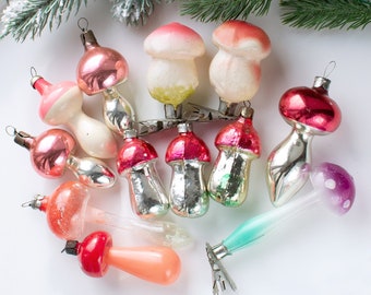 Vintage Mushroom Glass Christmas Ornaments, Soviet and Germany USSR Xmas Tree Decoration 50s-70s USSR