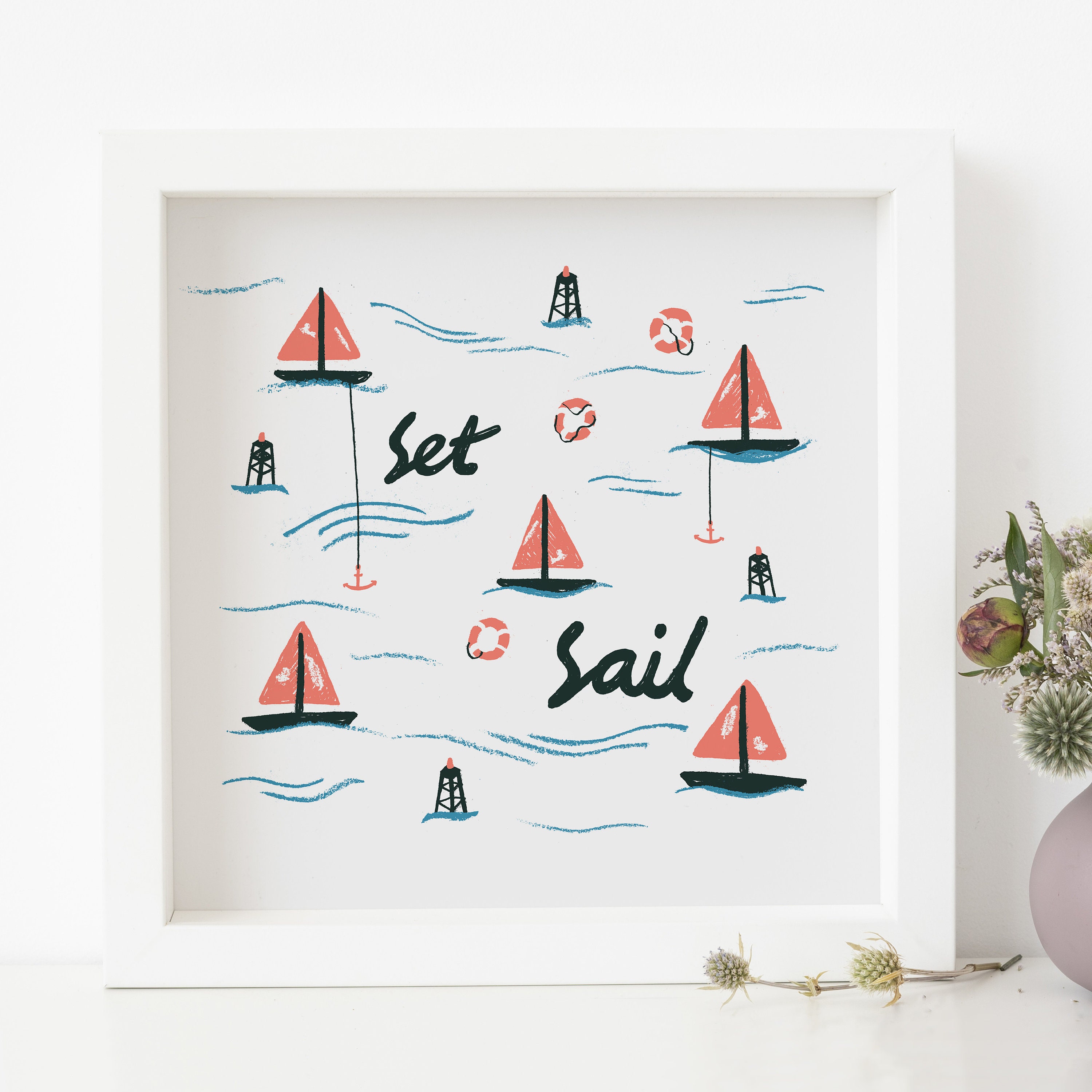 Set Sail Illustrated Summer Print Boat Ship Coast Sailing - Etsy