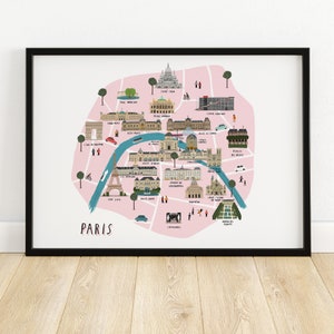Ilustrowany wydruk artystyczny mapy Paryża - wydruk mapy ilustracja mapa miasto Paryż wydruk sztuka Paryża wydruk mapy Paryża wydruk miasta sztuka ścienna Paryża