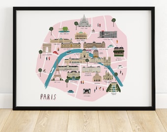 Paris map illustrated art print - map print map illustration city paris print paris art paris map print city print paris wall art