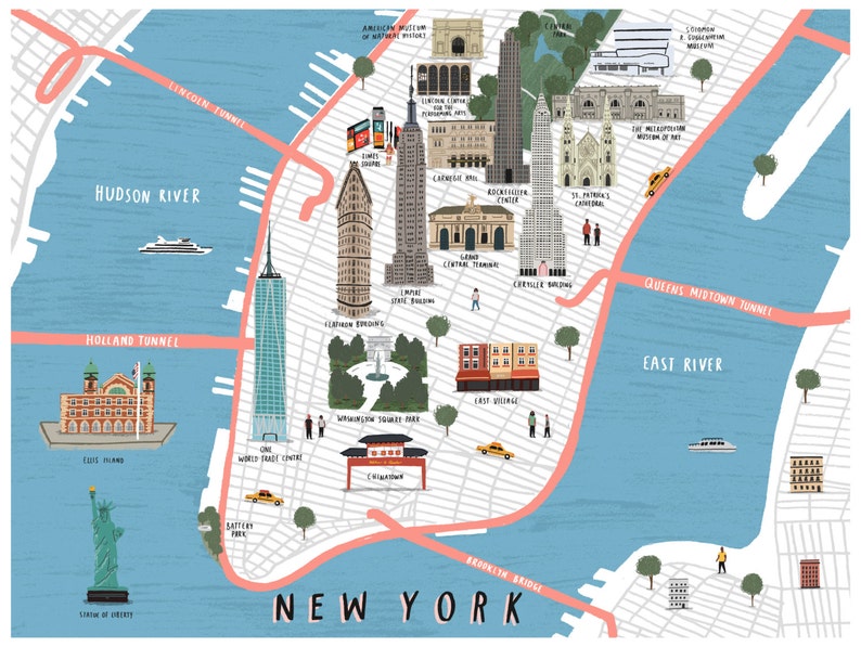 New York map illustrated art print map illustration city new york art new york print new york map art city map new york wall art image 3