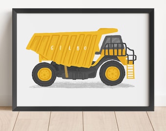 Dump truck personalised illustrated print - nursery print children's art print