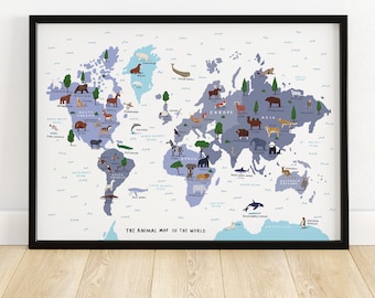 The Animal World Map illustrated art print - animal map print animal print art wildlife world map nursery art print playroom world map