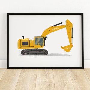 Digger personalised illustrated print kids room print children's print children's art child's room print digger print nursery print image 1