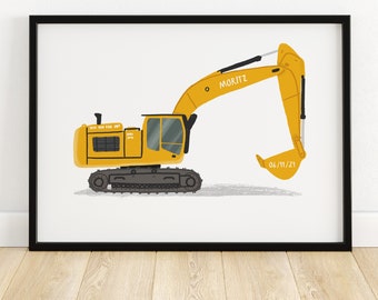 Digger personalised illustrated print - kids room print children's print children's art child's room print digger print nursery print