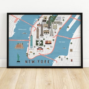 New York map illustrated art print map illustration city new york art new york print new york map art city map new york wall art image 1