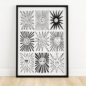 Sun Faces illustrated art print - sun wall art celestial illustration sun art print boho wall art sun wall art