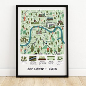 The Roof Gardens of London kaart art print - kaart print kaart illustratie stad londen tuin print londen kunst londen groene kaart print stad print