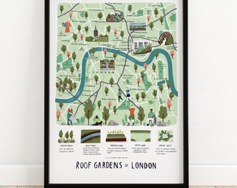 The Roof Gardens of London map art print - map print map illustration city london garden print london art london green map print city print