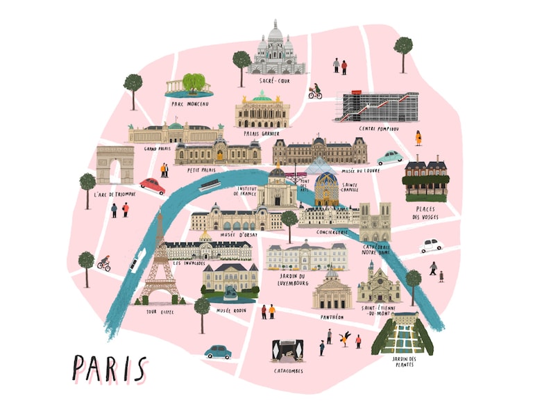 Paris map illustrated art print map print map illustration city paris print paris art paris map print city print paris wall art image 2