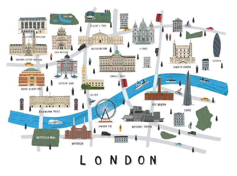 London map illustrated print map print illustration london map london map print london art london map art london print london wall art image 2