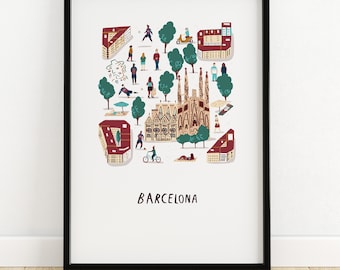 Barcelona illustrated art print - illustration city print art map Travel print city print barcelona wall art