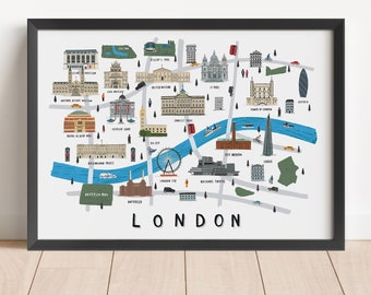 London map illustrated print - map print illustration london map london map print london art london map art london print london wall art