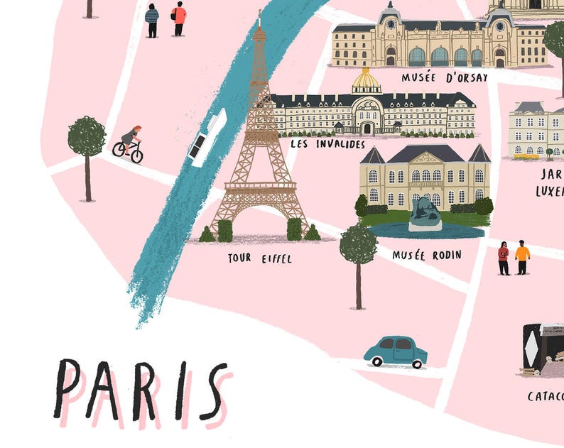 Paris map illustrated art print map print map illustration city paris print paris art paris map print city print paris wall art image 4