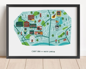 Craft Beer in North London map illustrated print - map print illustration print London beer brewery gift for dad gift for boyfriend camra