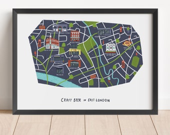 Craft Beer in East London map illustrated print - map print map illustration print London beer brewery gift for dad gift for boyfriend camra