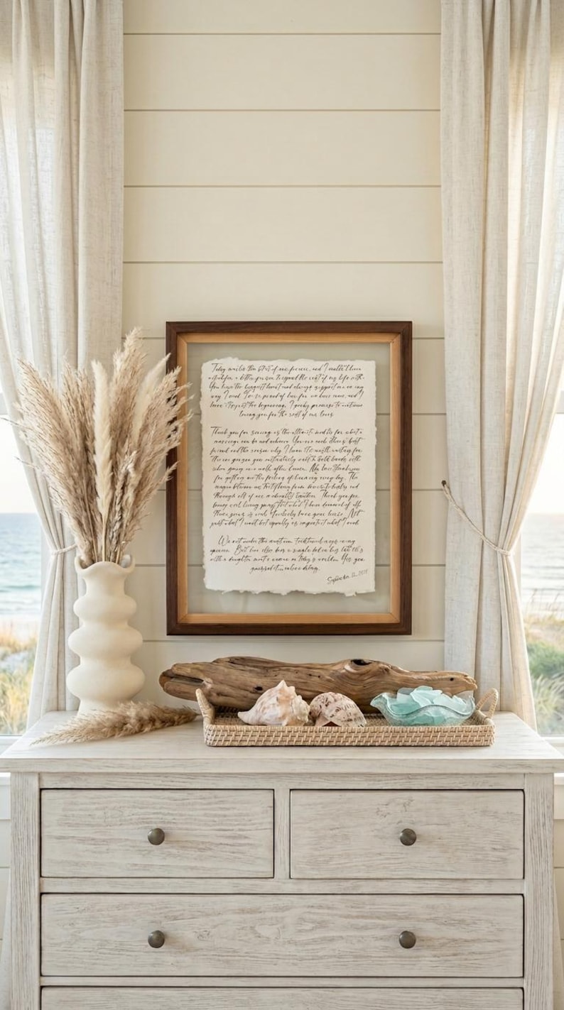 Framed anniversary gift featuring personalized wedding vows printed on handmade deckled-edge cotton paper in a walnut float frame.