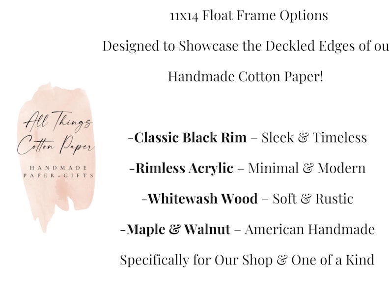 Peut inclure: Un graphique informatif pour des cadres flottants 11x14 pour papier coton fait main. Le texte liste les options : Classic Black Rim, Rimless Acrylic, Whitewash Wood, et Maple & Walnut. Inclut le logo All Things Cotton Paper sur un fond rose p&acirc;le.