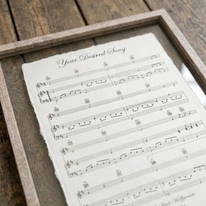 Peut inclure: Une feuille de papier blanc cass&eacute; aux bords irr&eacute;guliers encadr&eacute;e, pr&eacute;sentant des partitions musicales imprim&eacute;es et des diagrammes d'accords de guitare. Le titre Your Desired Song est imprim&eacute; en police serif en haut. Le papier est dans un cadre en bois.