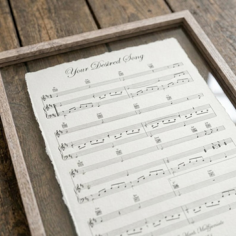 Peut inclure: Une feuille de papier blanc cass&eacute; aux bords irr&eacute;guliers encadr&eacute;e, pr&eacute;sentant des partitions musicales imprim&eacute;es et des diagrammes d'accords de guitare. Le titre Your Desired Song est imprim&eacute; en police serif en haut. Le papier est dans un cadre en bois.