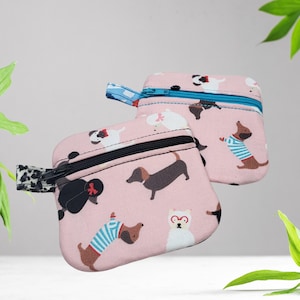 Small Zippered Coin Purse, Pink Dogs Design, Card Wallet, Ear Bud Case