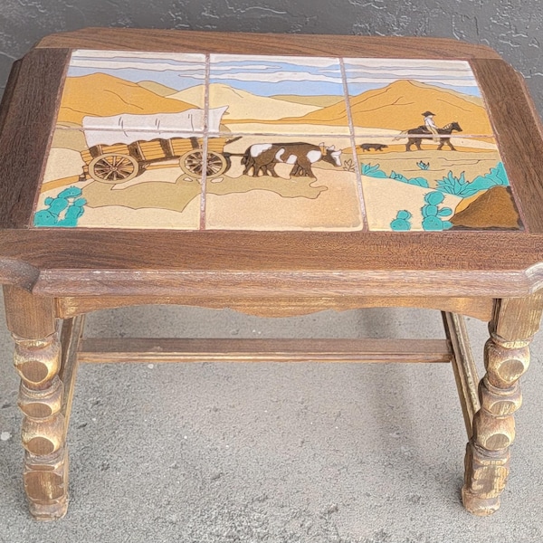 Vintage Western Cowboy Tile Top Side Table Circa. 1930's by Taylor Tile