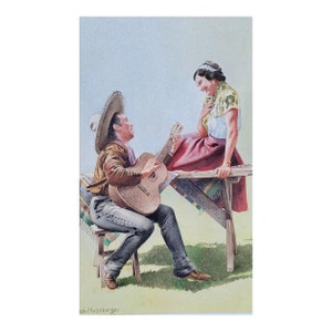 Vintage California Rancho Mexico Romantic Serenading Guitar Painting image 5