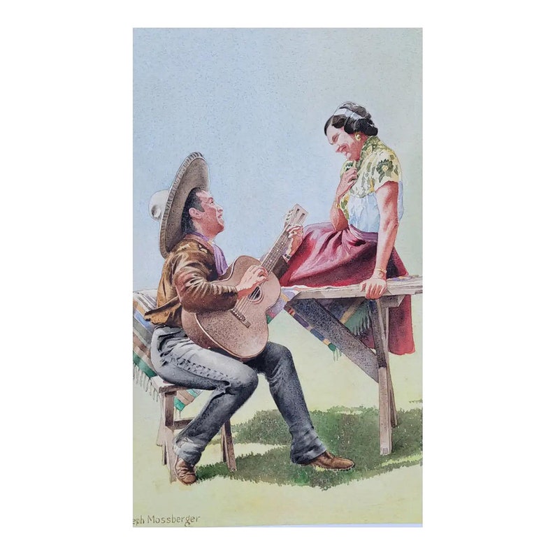 Vintage California Rancho Mexico Romantic Serenading Guitar Painting image 5