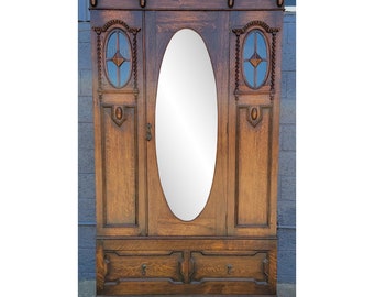 English Antique Oak Wardrobe with Mirror
