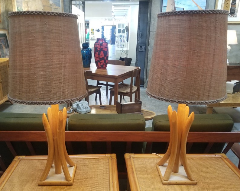 Pair Mid-Century Modern 1950's Bamboo / Rattan Table Lamps image 1