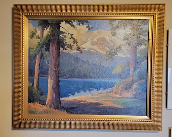 Mid-Century Modern California Landscape Painting Redwoods & Lake by Luther Evans De Joiner