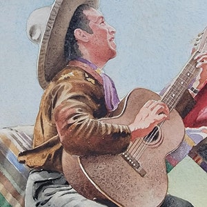 Vintage California Rancho Mexico Romantic Serenading Guitar Painting image 3