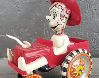 Mid-Century Modern Marx Toys Cowboy in Jeep Tin Lithograph Wind-Up Toy