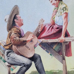 Vintage California Rancho Mexico Romantic Serenading Guitar Painting image 9