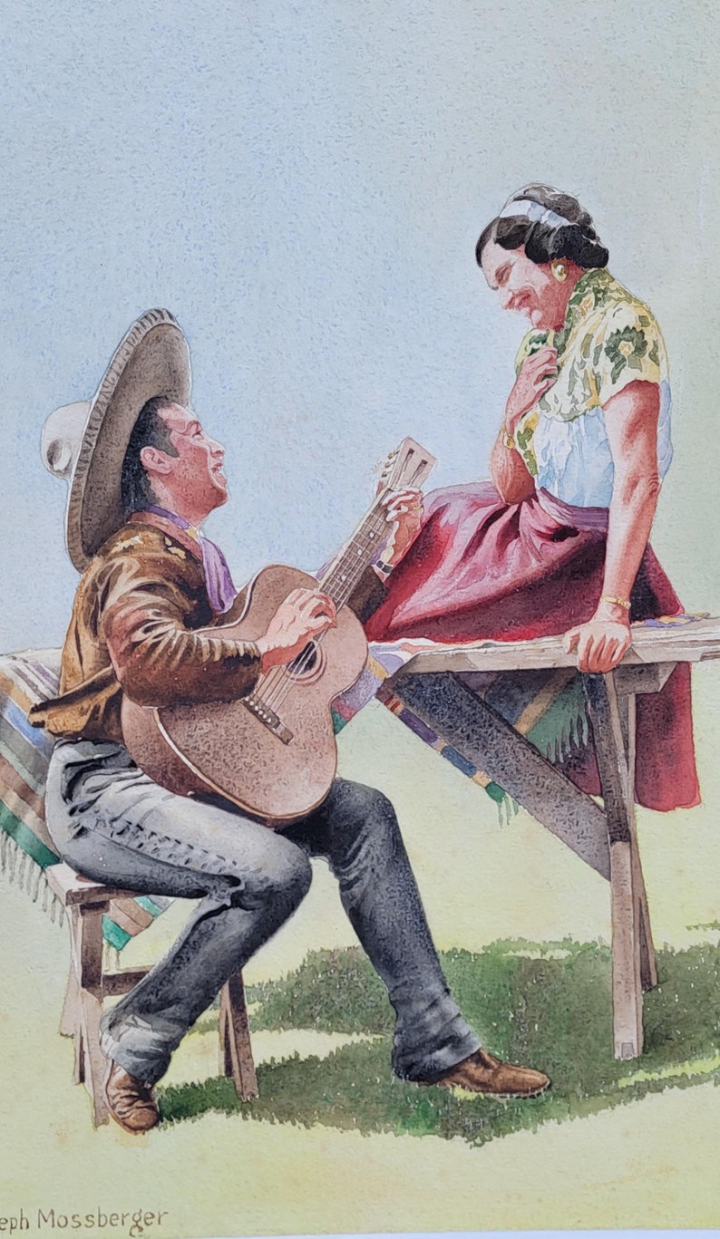 Vintage California Rancho Mexico Romantic Serenading Guitar Painting image 9