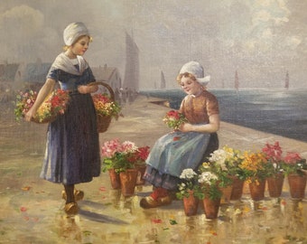 Antique Dutch Painting Little Girls with Flowers Circa. 1900