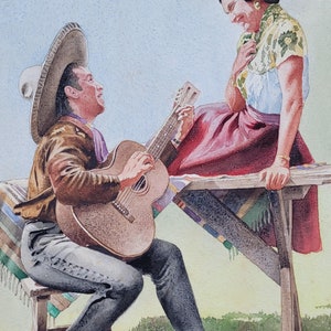 Vintage California Rancho Mexico Romantic Serenading Guitar Painting image 2