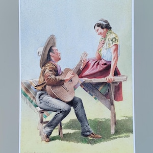 Vintage California Rancho Mexico Romantic Serenading Guitar Painting image 1