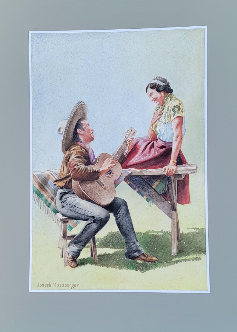 Vintage California Rancho Mexico Romantic Serenading Guitar Painting image 1