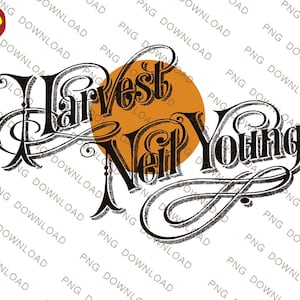 Puede incluir: Ilustración en blanco y negro del texto "Harvest Neil Young" con un gran círculo naranja detrás de la palabra "Harvest".