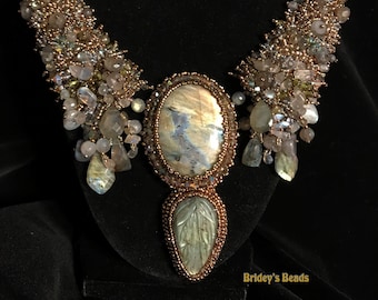 Hidden Bird Labradorite Bead Embroidery Collar Necklace fully beaded