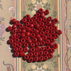 May include: A collection of small, round, bright red beads with a hole through the center. The beads are scattered on a patterned background with floral and botanical designs. These beads are suitable for jewelry making and crafts.